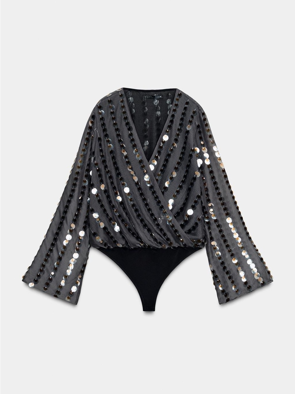 Zara Gray Black Sequined Surplice Bodysuit Top Blouse